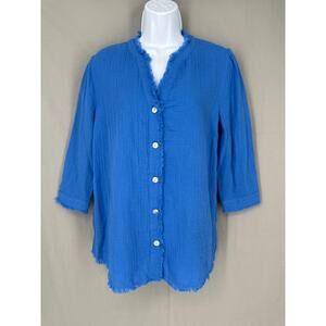 Appleseeds Top Womens PS Blue Tunic Button Gauze Cotton Beachy Casual Comfy
